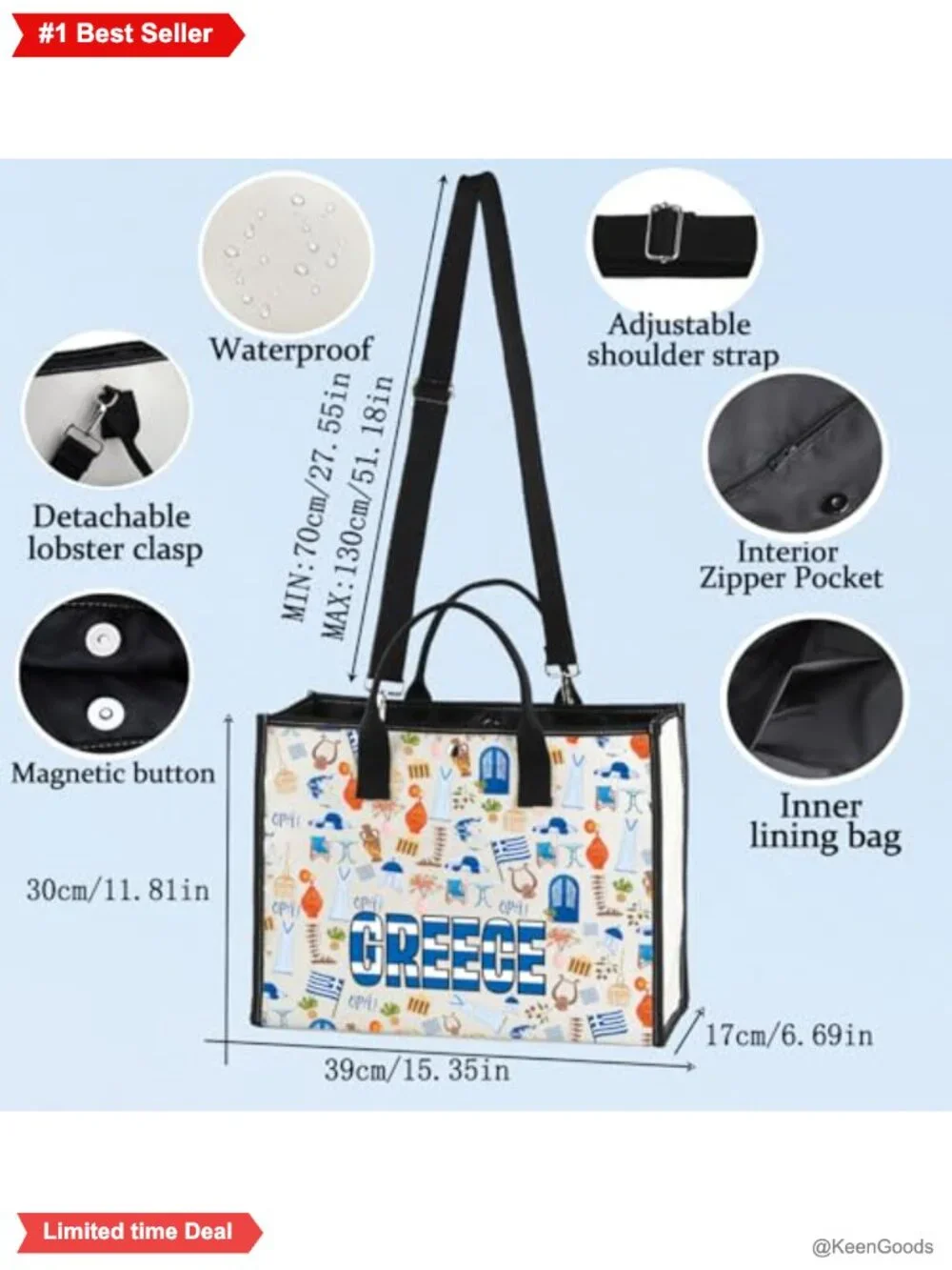 Canvas Tote Bag Greece Flag Hellenic Republic Travel Shoulder Bag